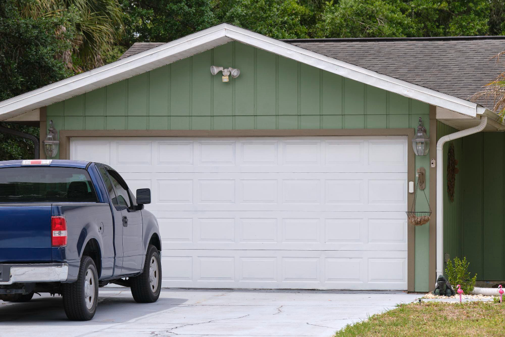 vehicle-parked-front-wide-garage-double-door-paved-driveway-typical-contemporary-american-home
